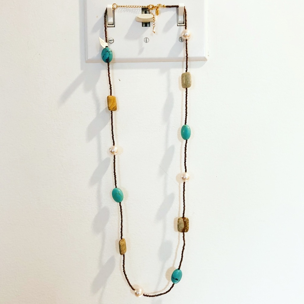 Long boho metallic & turquoise stone necklace